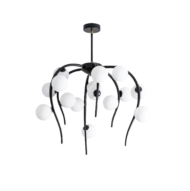 Branch Dining Room Chandelier Iron 15/20-Light Modern Hanging Lamp in Black/Gold with Matte White Balls