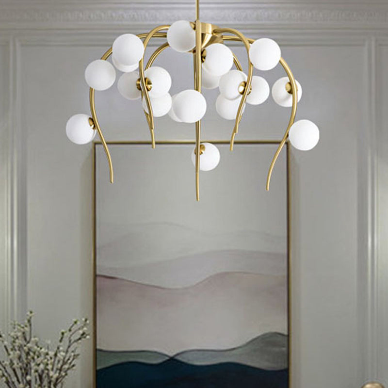 Branch Dining Room Chandelier Iron 15/20-Light Modern Hanging Lamp in Black/Gold with Matte White Balls
