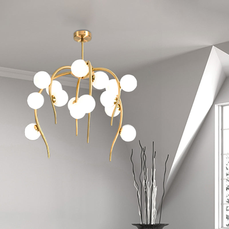Branch Dining Room Chandelier Iron 15/20-Light Modern Hanging Lamp in Black/Gold with Matte White Balls