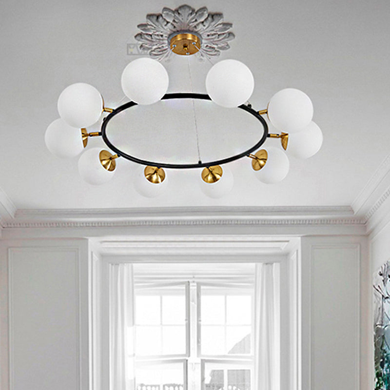 39" Wide Sphere Milk White Glass Chandelier Modern 10 Lights Black Ceiling Pendant