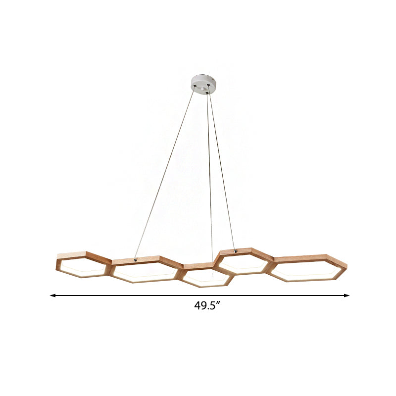 Hexagonale LED-Island Kronleuchter Einfachheit Acryl 5-Licht-Deckenleuchte in Naturholz