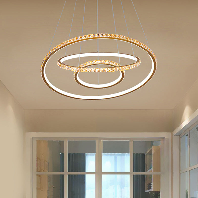 3-Ring LED Chandelier Light Modern Crystal Gold/Silver Ceiling Light Fixture, Inner Warm and Outer White/Inner White and Outer Warm Light