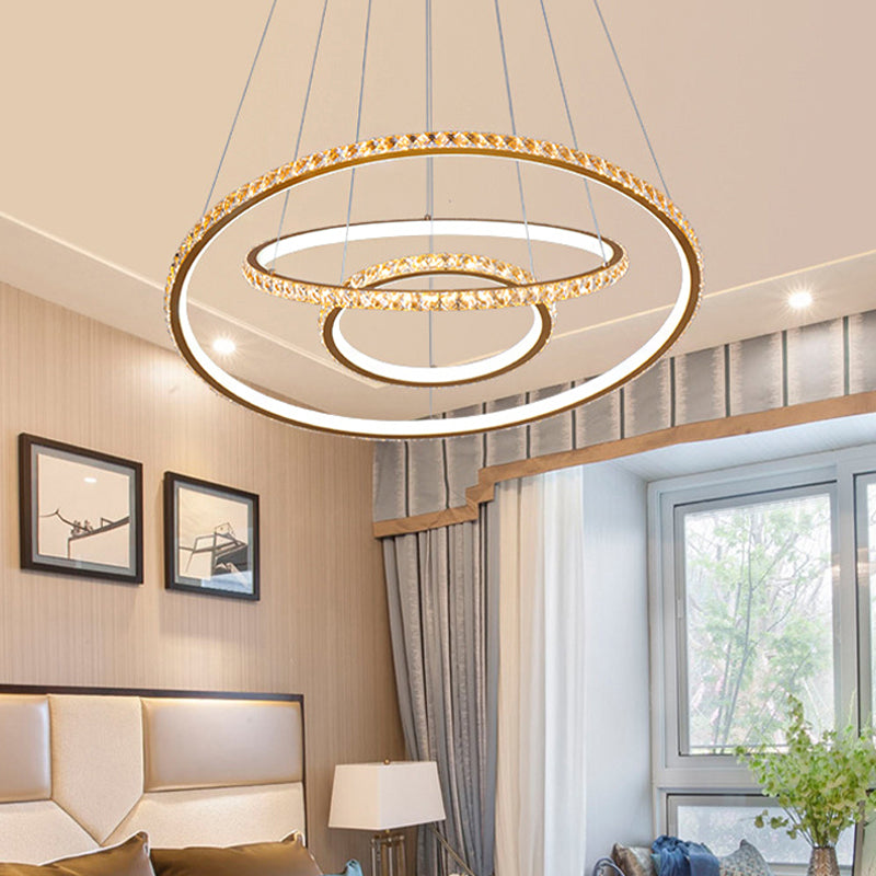 3-Ring LED Chandelier Light Modern Crystal Gold/Silver Ceiling Light Fixture, Inner Warm and Outer White/Inner White and Outer Warm Light