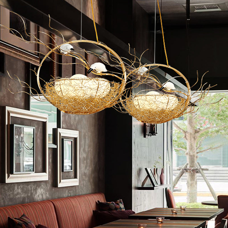 Artistry 3-Light Chandelier Pendant Golden Aluminum Basket Hanging Lamp with Birds and Matte White Glass Balls