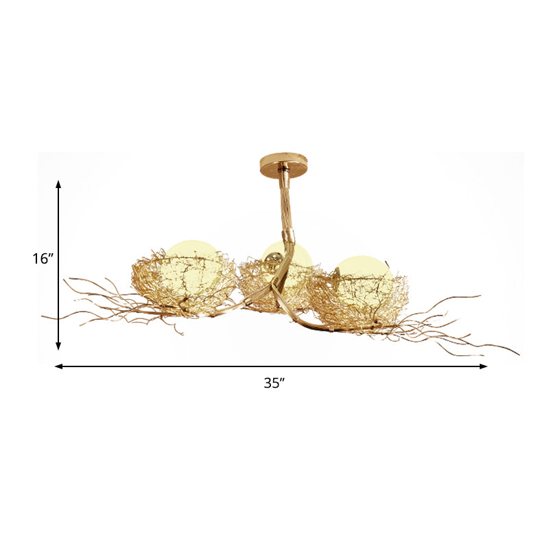 3 Lights Study Room Ceiling Chandelier Gold Hanging Lamp Kit with Egg White Glass Shade and Aluminum Bird Nest