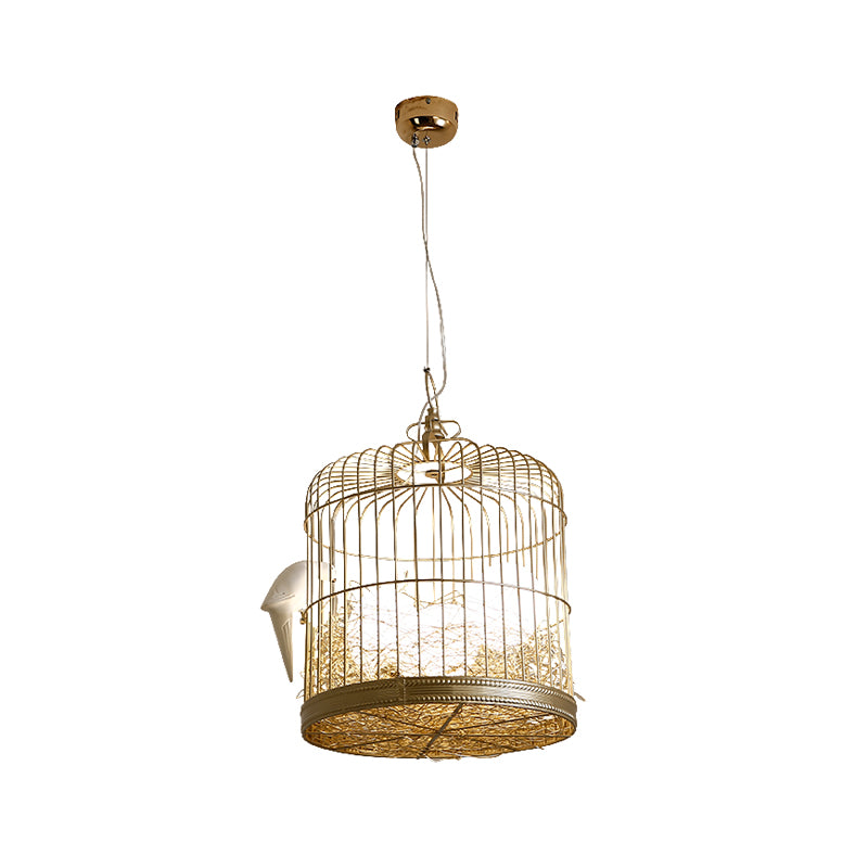 Matte White Glass Egg Shaped Chandelier Rustic 3 Lights Hanging Light Fixture with Bird and Birdcage