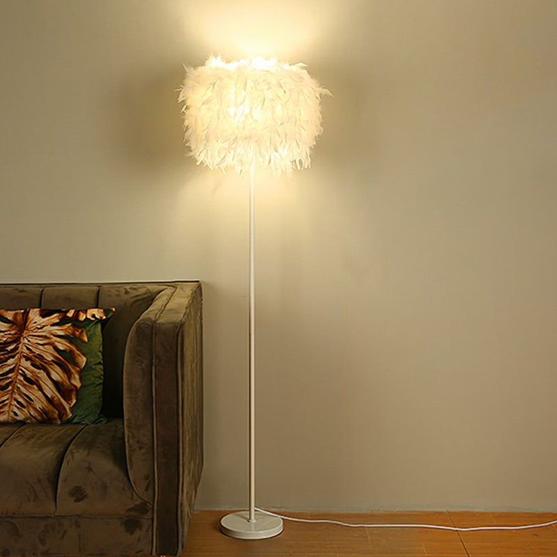 Drum Shade Standing Light Minimalistic Feather 1 Bulb Living Room Floor Lamp in White