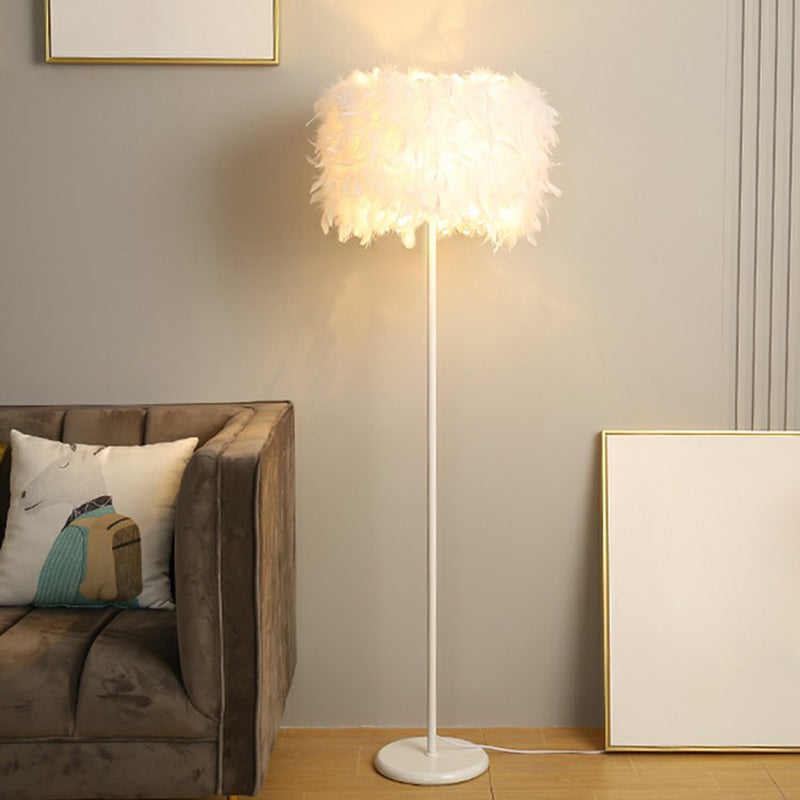 Drum Shade Standing Light Minimalistic Feather 1 Bulb Living Room Floor Lamp in White