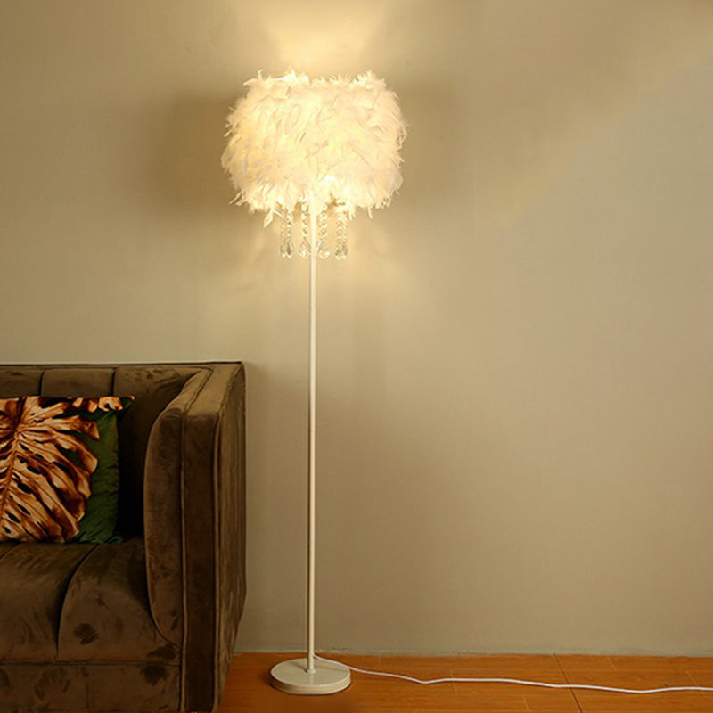 Drum Shade Standing Light Minimalistic Feather 1 Bulb Living Room Floor Lamp in White