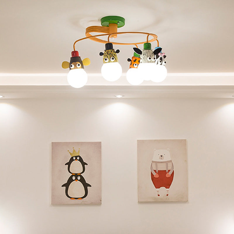 Animal Socket Metallic Semi Flush Mount Kids Orange Ceiling Mounted Light for Kindergarten