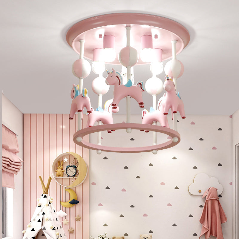 Cartoon Merry-Go-Round Semi Flush Resin 6 Heads Dormitorio Flush Lighting Lights