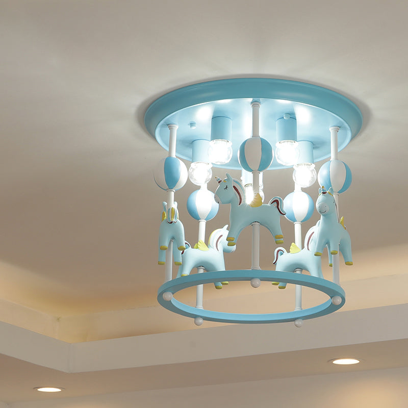 Cartoon Merry-Go-Round Semi Flush Resin 6 Heads Dormitorio Flush Lighting Lights