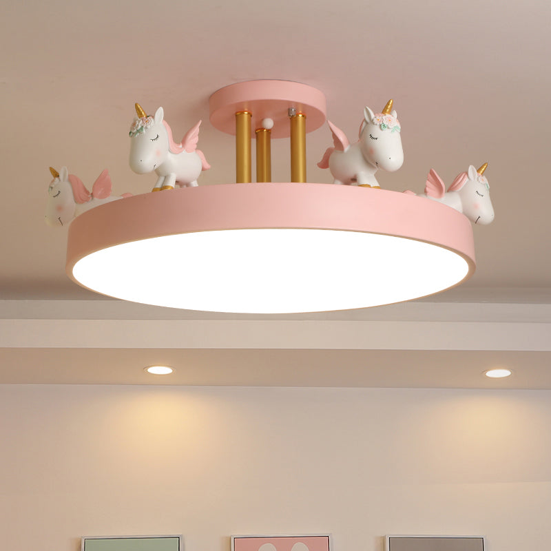Runde LED Semi Flush Mount Kids Style Acryl Baumschule Deckellicht mit Harz Einhorn
