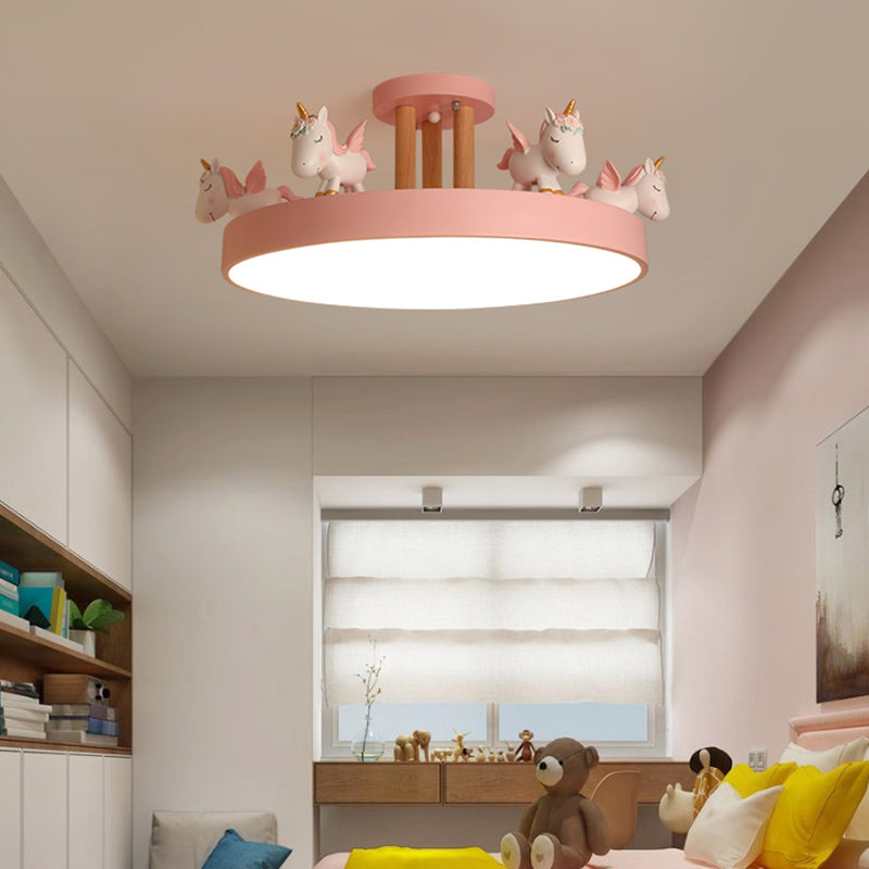 Round LED Semi Flush Mount Kids Style Acrylic Nursery Ceiling Mounted Light with Resin Unicorn