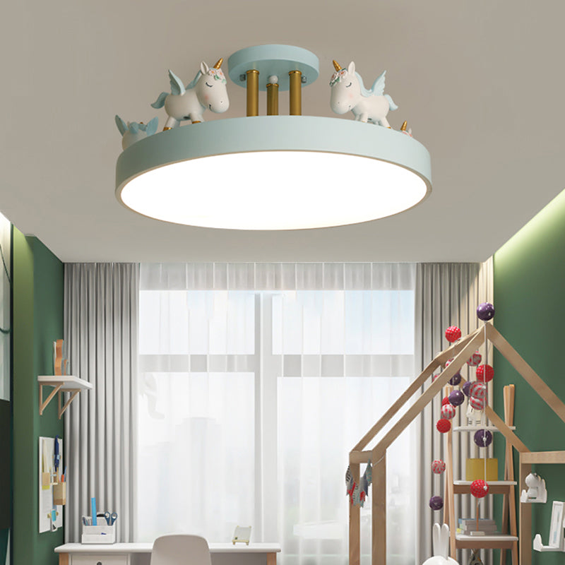 Round LED Semi Flush Mount Kids Style Acrylic Nursery Ceiling Mounted Light with Resin Unicorn