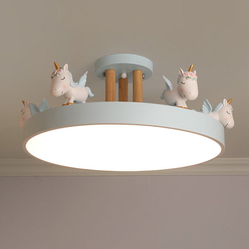 Round LED Semi Flush Mount Kids Style Acrylic Nursery Ceiling Mounted Light with Resin Unicorn