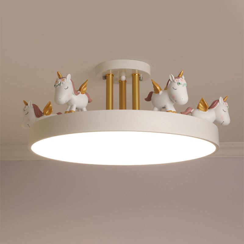 Round LED Semi Flush Mount Kids Style Acrylic Nursery Ceiling Mounted Light with Resin Unicorn