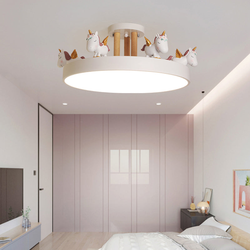 Round LED Semi Flush Mount Kids Style Acrylic Nursery Ceiling Mounted Light with Resin Unicorn