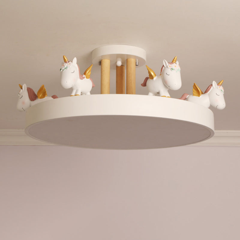 Round LED Semi Flush Mount Kids Style Acrylic Nursery Ceiling Mounted Light with Resin Unicorn