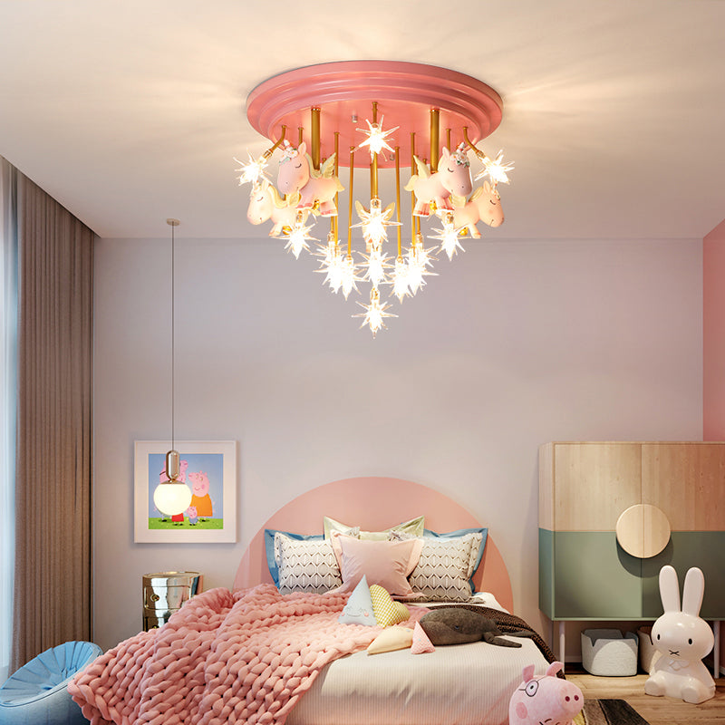 Resin Unicorn LED Semi Flush Nursery Flush Ceiling Light Fixture with Clear Glass Shade