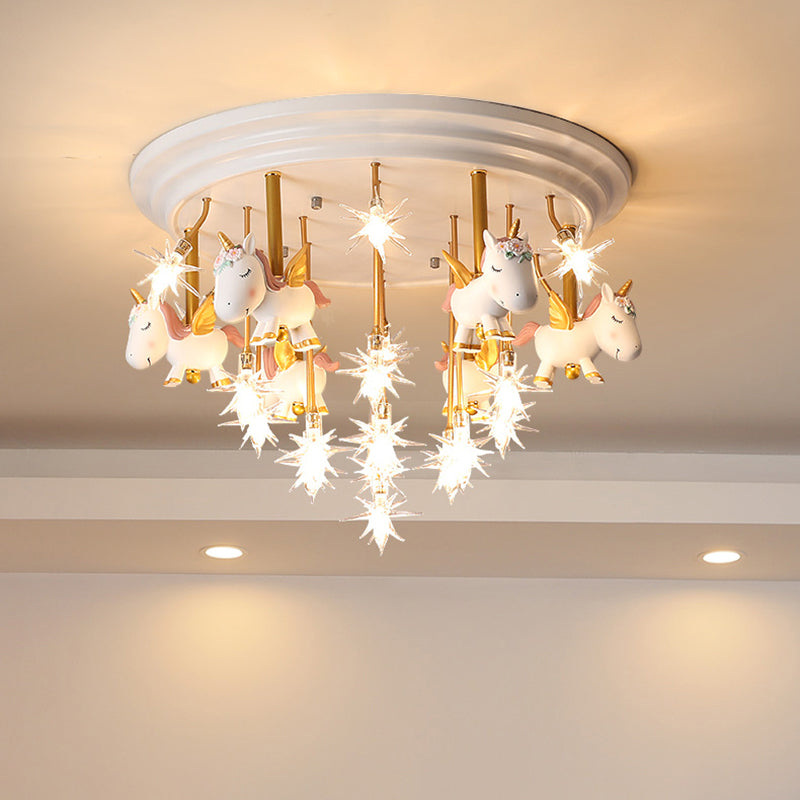 Resin Unicorn LED Semi Flush Nursery Flush Ceiling Light Fixture with Clear Glass Shade