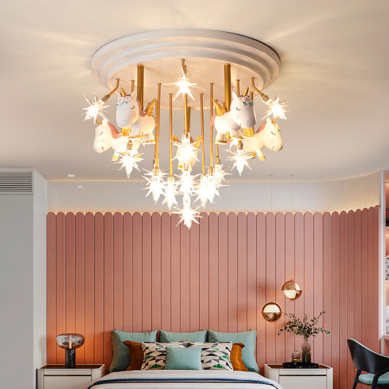 Resin Unicorn LED Semi Flush Nursery Flush Ceiling Light Fixture with Clear Glass Shade