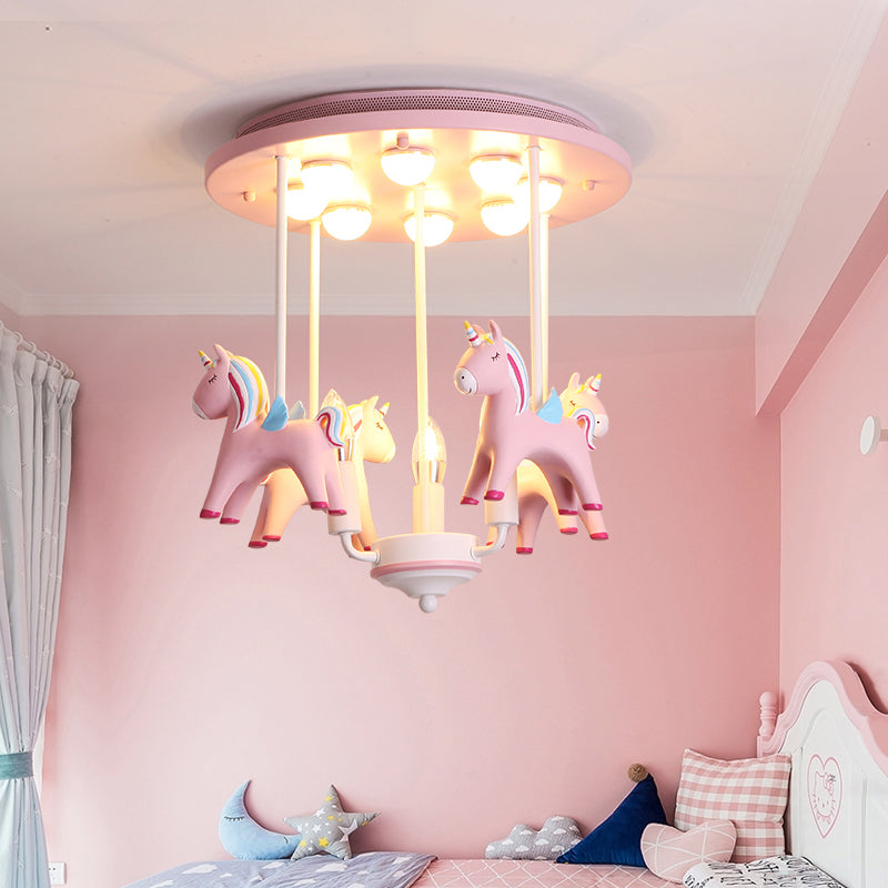 Plafonnier licorne arc-en-ciel en résine, 11 ampoules, luminaire Semi-affleurant pour chambre d'enfant