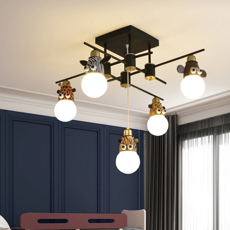 Animal Head Metal Semi Flush Kids Style Black Flush Ceiling Light Fixture for Bedroom