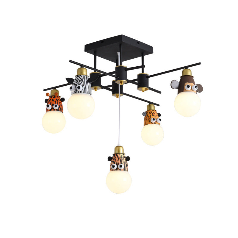 Animal Head Metal Semi Flush Kids Style Black Flush Ceiling Light Fixture for Bedroom