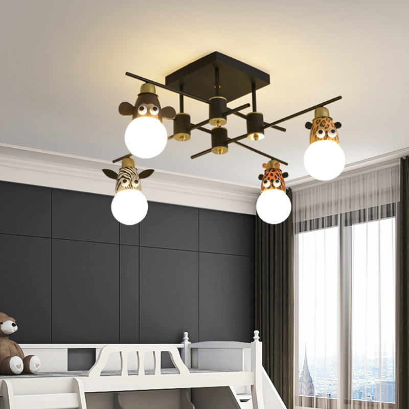 Animal Head Metal Semi Flush Kids Style Black Flush Ceiling Light Fixture for Bedroom