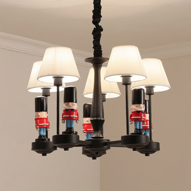 Black Tapered Ceiling Lighting Kids Style Pleated Fabric Chandelier Light Fixture with Soldier Decor