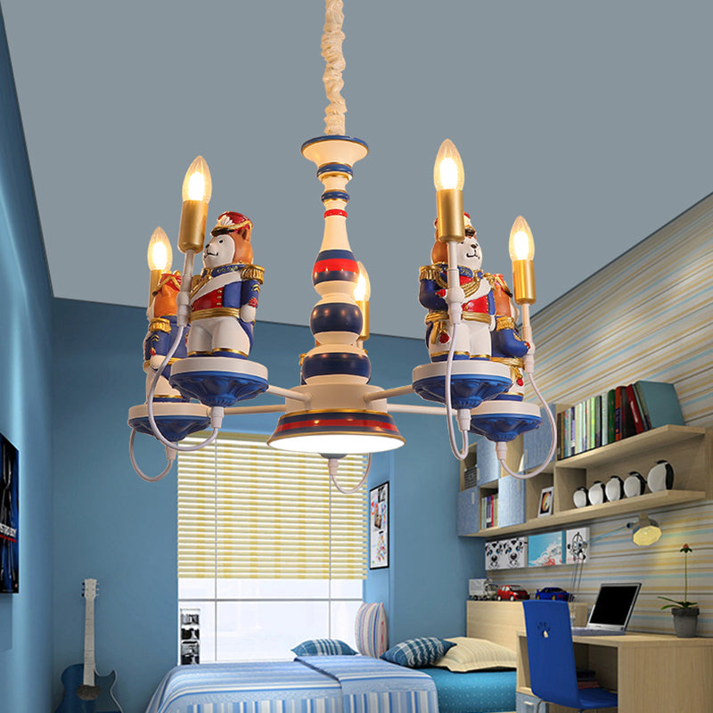 Cartoon Bear Soldier Suspension Light Resin Kindergarten Chandelier Lighting in Blue
