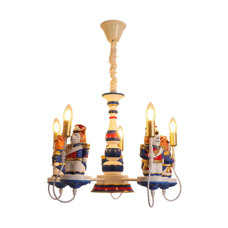Cartoon Bear Soldier Suspension Light Resin Kindergarten Chandelier Lighting in Blue