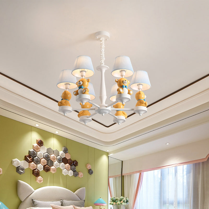 Bucket Chandelier Lighting Kids Pleated Fabric Child Room Pendant Light with Decorative Bear in White