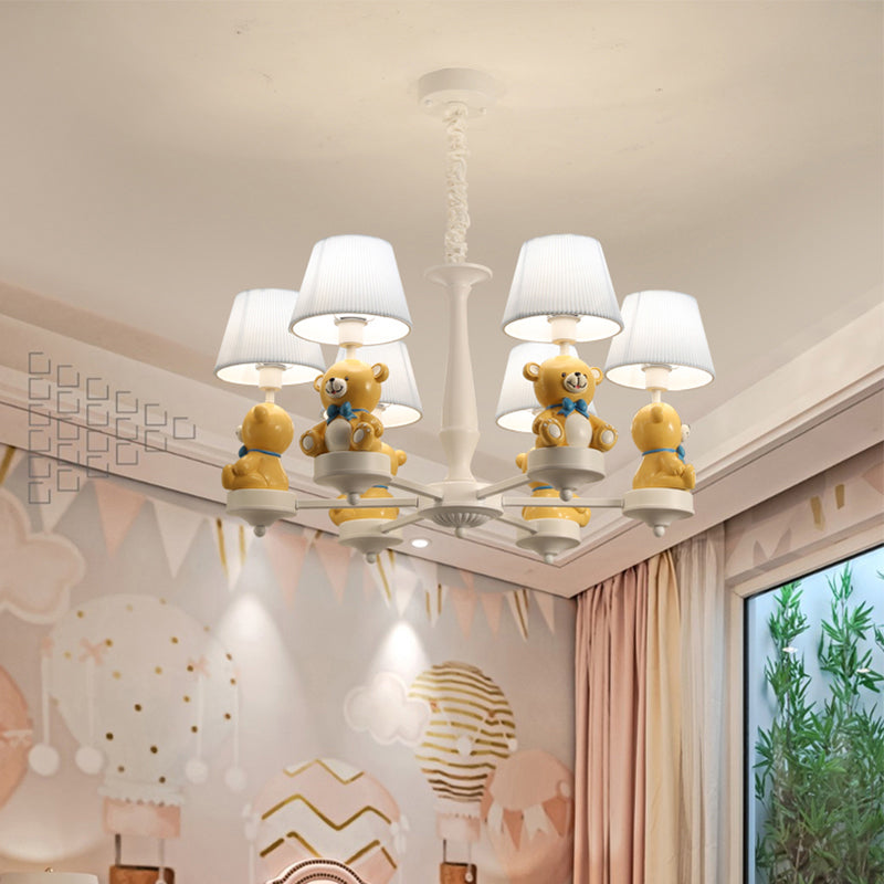 Bucket Chandelier Lighting Kids Pleated Fabric Child Room Pendant Light with Decorative Bear in White