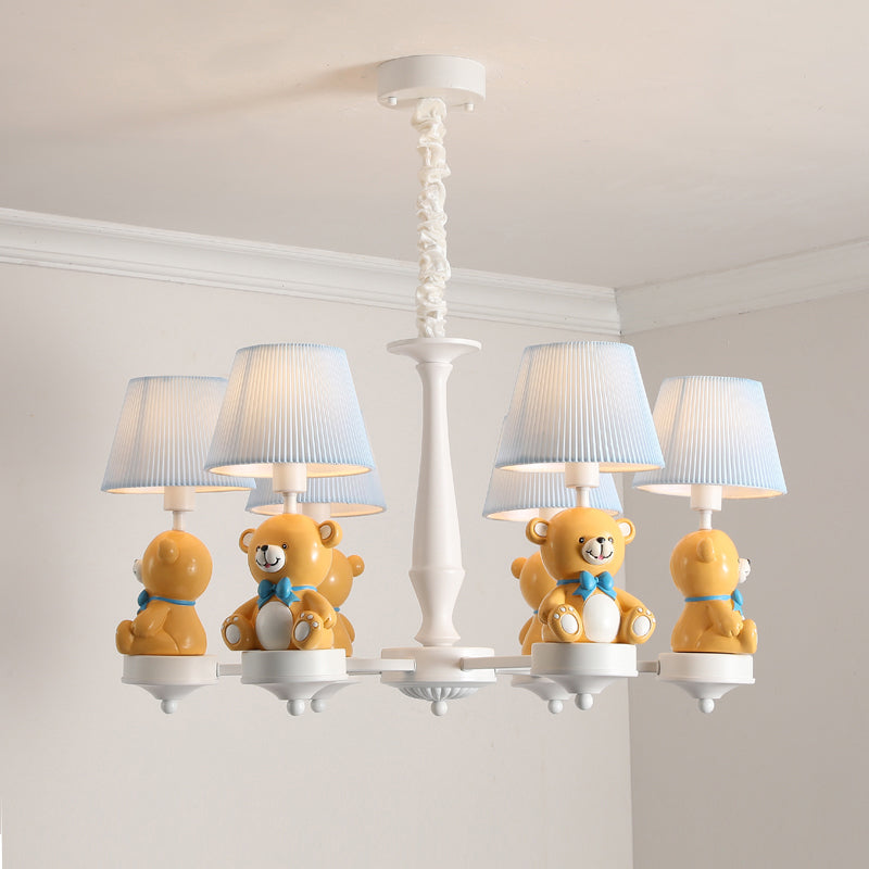 Bucket Chandelier Lighting Kids Pleated Fabric Child Room Pendant Light with Decorative Bear in White