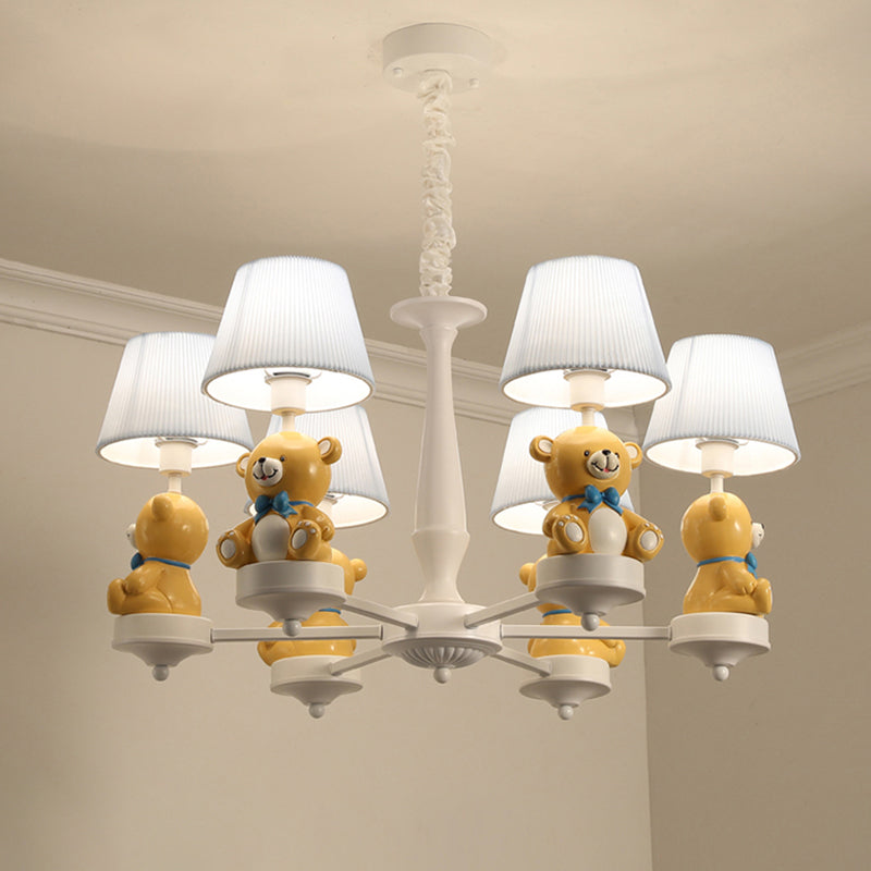 Bucket Chandelier Lighting Kids Pleated Fabric Child Room Pendant Light with Decorative Bear in White