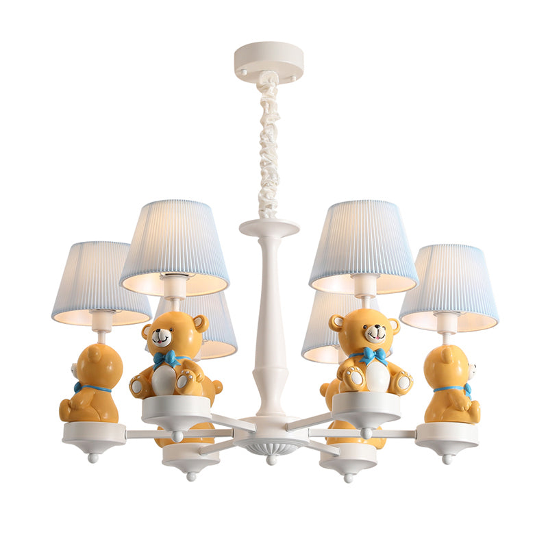 Bucket Chandelier Lighting Kids Pleated Fabric Child Room Pendant Light with Decorative Bear in White