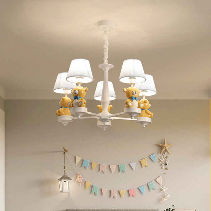 Bucket Chandelier Lighting Kids Pleated Fabric Child Room Pendant Light with Decorative Bear in White