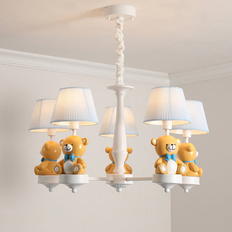 Bucket Chandelier Lighting Kids Pleated Fabric Child Room Pendant Light with Decorative Bear in White