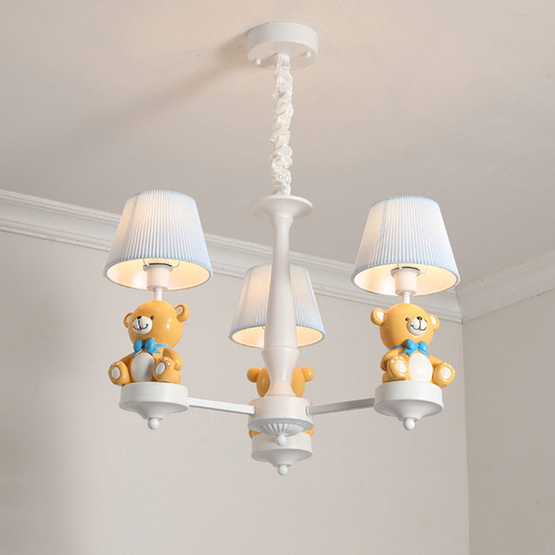 Bucket Chandelier Lighting Kids Pleated Fabric Child Room Pendant Light with Decorative Bear in White
