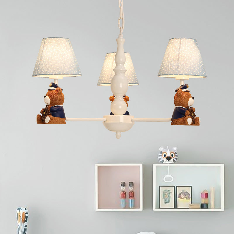 Resin Bear Ceiling Lighting Cartoon White Chandelier Light Fixture with Patterned Fabric Shade