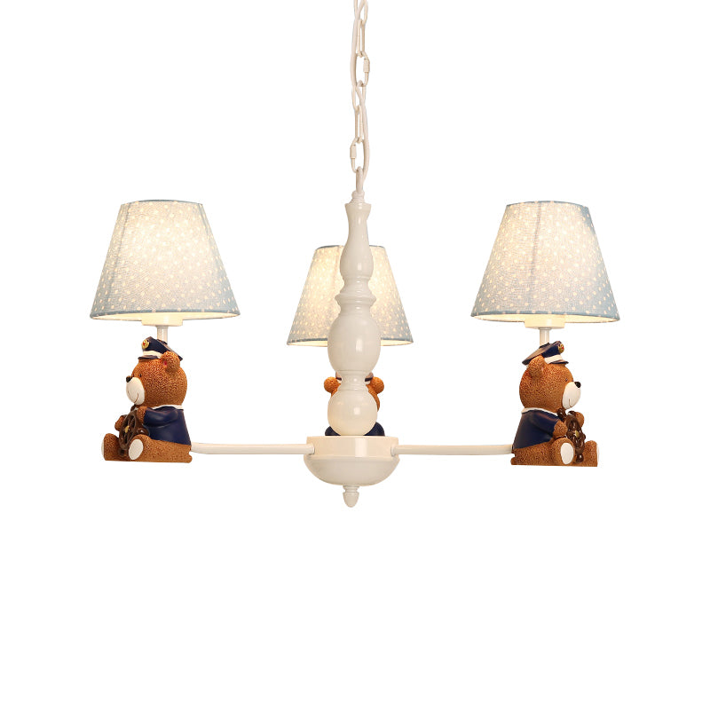 Resin Bear Ceiling Lighting Cartoon White Chandelier Light Fixture with Patterned Fabric Shade