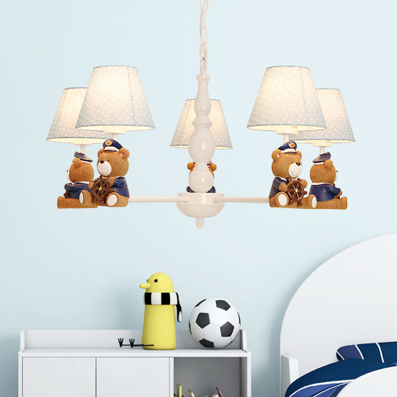 Resin Bear Ceiling Lighting Cartoon White Chandelier Light Fixture with Patterned Fabric Shade