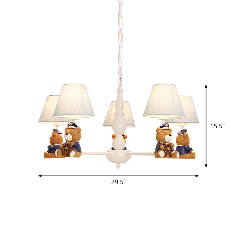 Resin Bear Ceiling Lighting Cartoon White Chandelier Light Fixture with Patterned Fabric Shade
