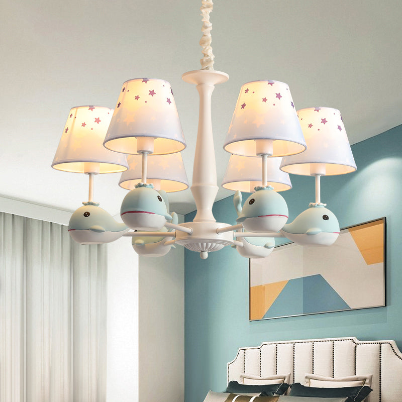 Star Patterned Fabric Chandelier Pendant Light Childrens Light Blue Hanging Light with Resin Dolphin
