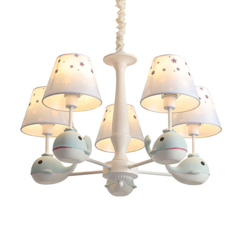 Star Patterned Fabric Chandelier Pendant Light Childrens Light Blue Hanging Light with Resin Dolphin