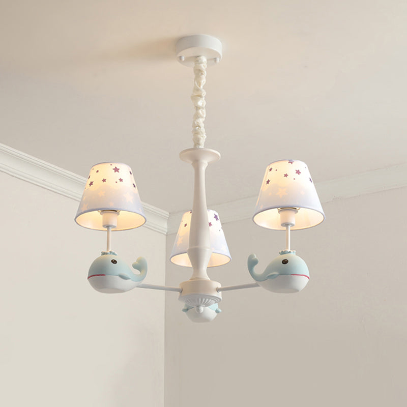 Star Patterned Fabric Chandelier Pendant Light Childrens Light Blue Hanging Light with Resin Dolphin