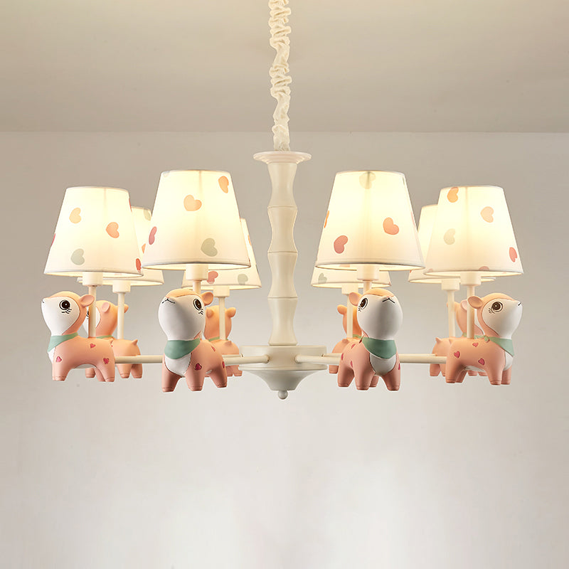 Cartoon Empire Shade Suspension Light Patterned Fabric Bedroom Chandelier Light with Resin Deer in Pink