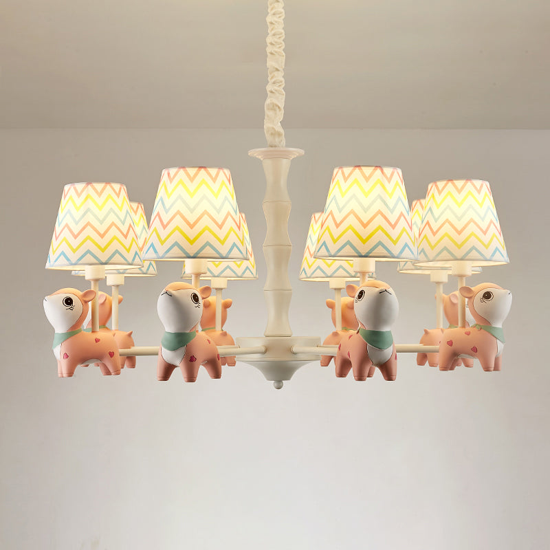 Cartoon Empire Shade Suspension Light Patterned Fabric Bedroom Chandelier Light with Resin Deer in Pink